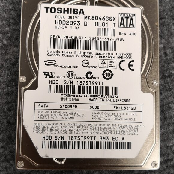 TOSHIBA 80GB 2.5" SATA HARD DRIVE MK8046GSX HDD2D93 - Picture 4 of 6